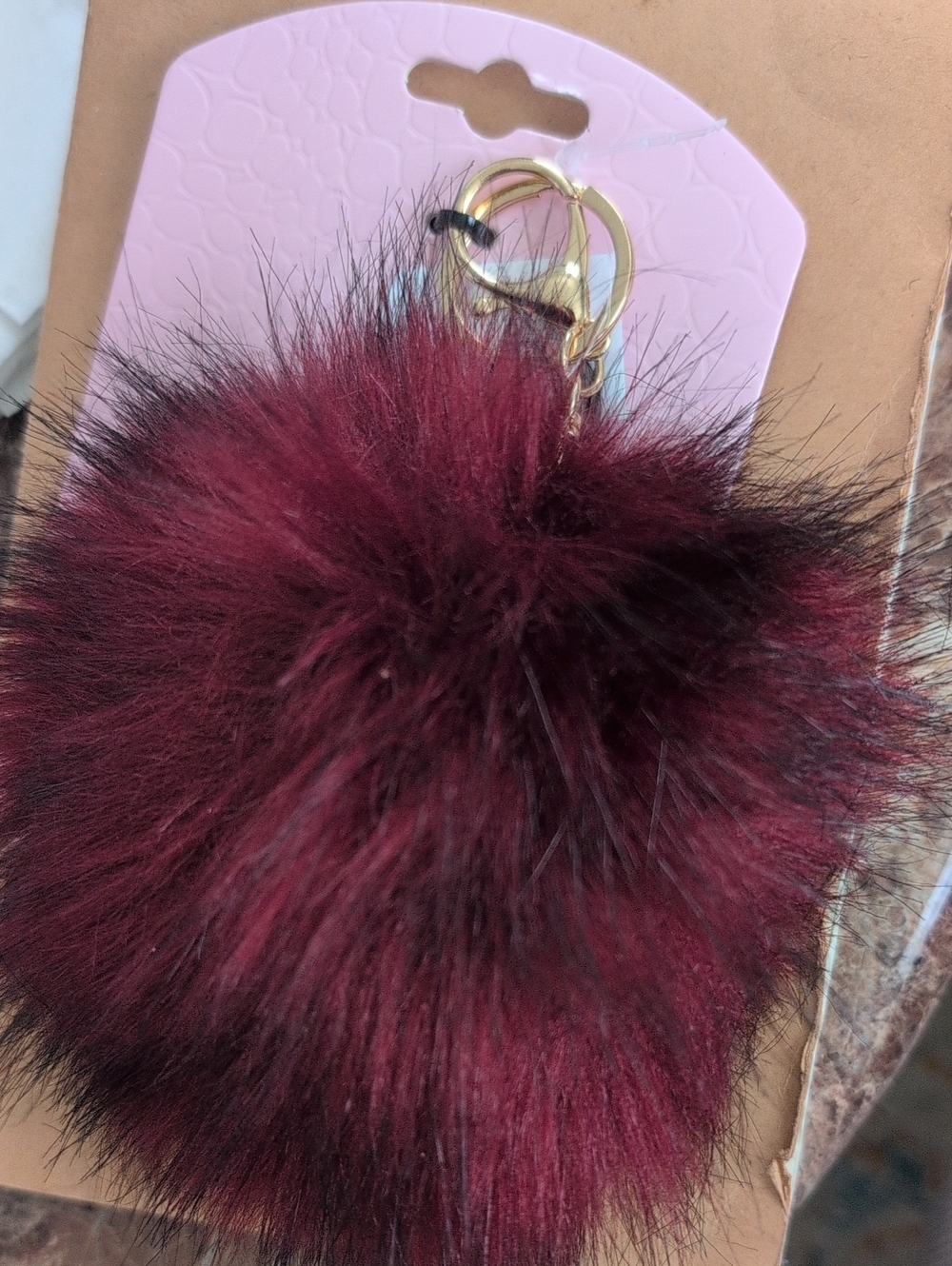 Plush Fur Pom Keychain - Burgundy